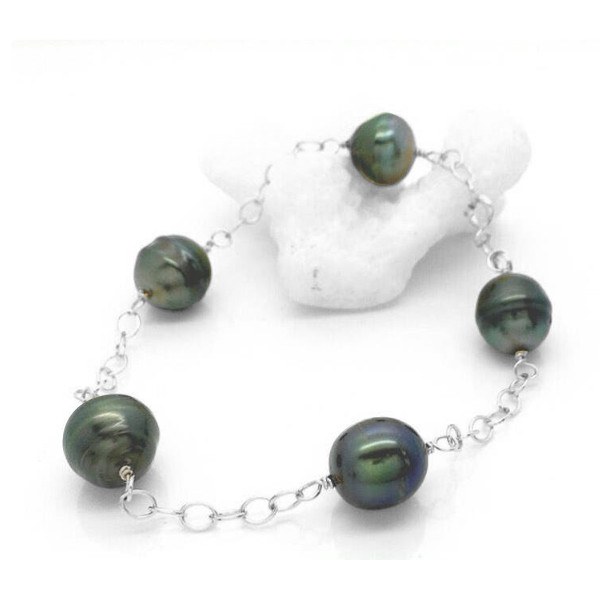 Bracelet 5 perles baroques de Tahiti 8-9 mm sur chaine 18 cm Or gris 14k