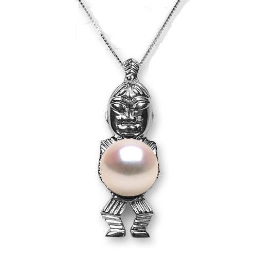 Pendentif TIKI en Argent 925 Perle de culture d'Akoya Blanche