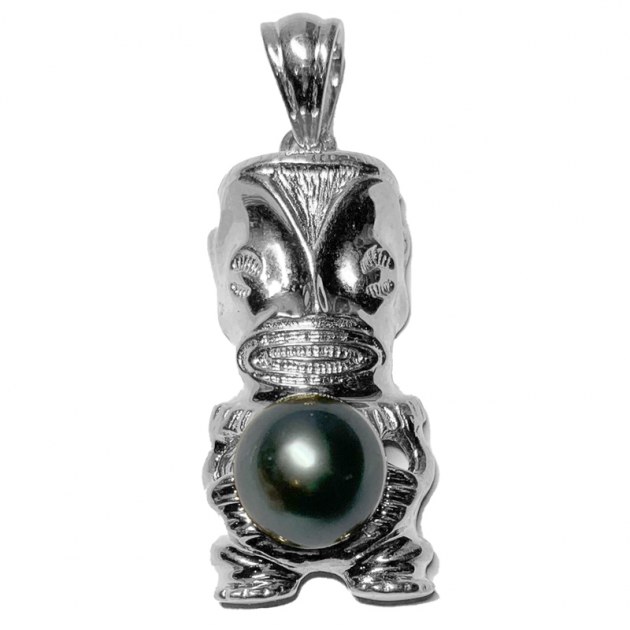 Pendentif Tiki Tahitien En Argent 925 Rhodié - Amulette Avec Chaîne Et Boîte - Neuf