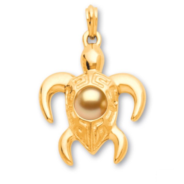 Pendentif Tortue Or 18k 8,05 g Perle dorée des Philippine 9-10 mm AAA