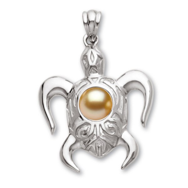 Pendentif Tortue Argent 925 avec perle dorée Philippine 9-10 mm AAA