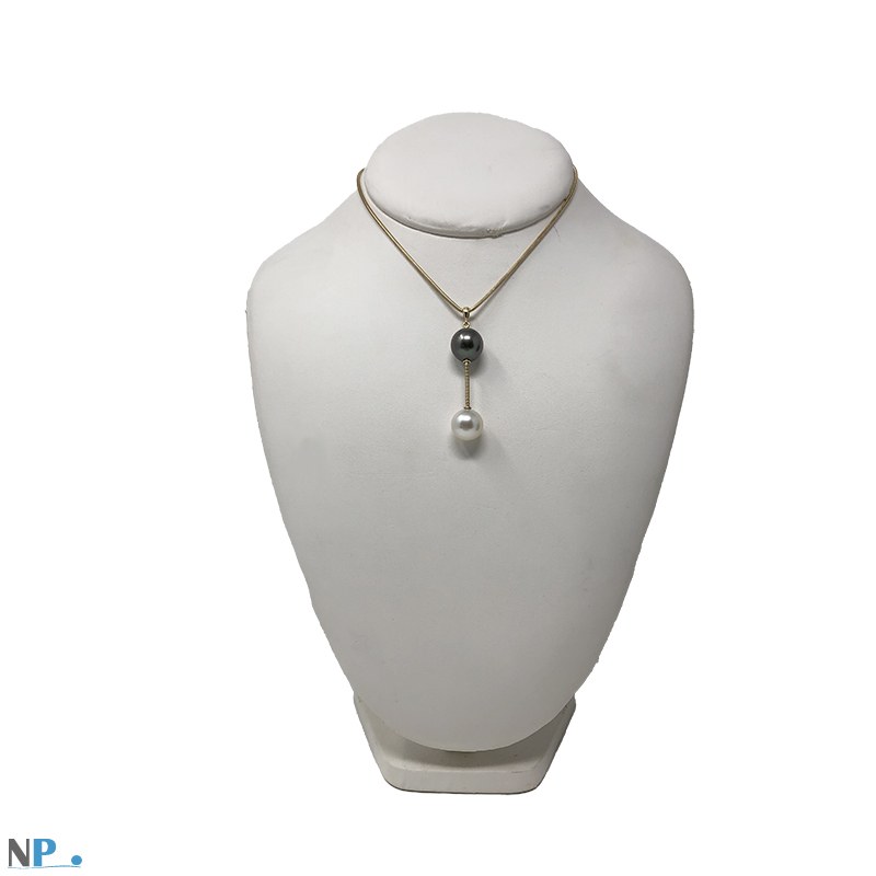 Pendentif perle noire de Tahiti - Perle blanche d'Australie - Or 18 carats