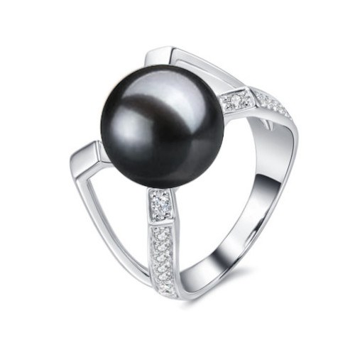 Bague Argent 925 et zirconiums avec perle noire d'eau douce AAA