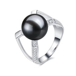 Bague Argent 925 et zirconiums avec perle noire d'eau douce AAA