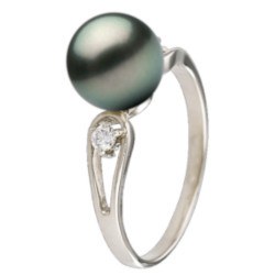 Bague Argent 925 et diamants avec perle noire de Tahiti qualité AAA