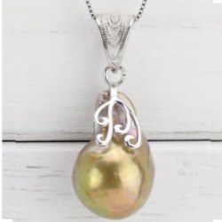 Pendentif et Chaine 45 cm en Argent 925 Perle Soufflée d'Eau Douce Dorée 30x15,5 mm