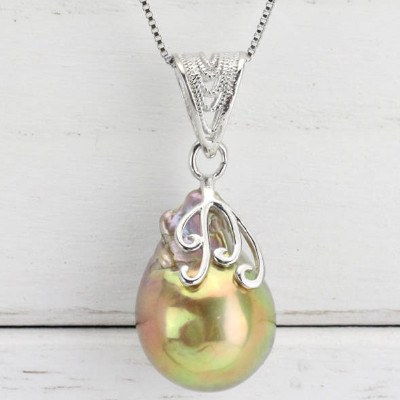 Pendentif et Chaine 45 cm en Argent 925 Perle Soufflée d'Eau Douce Dorée 18mm sur 13 mm